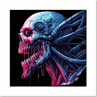 Creepy cyborg neon skull cyber punk art Posters and Art